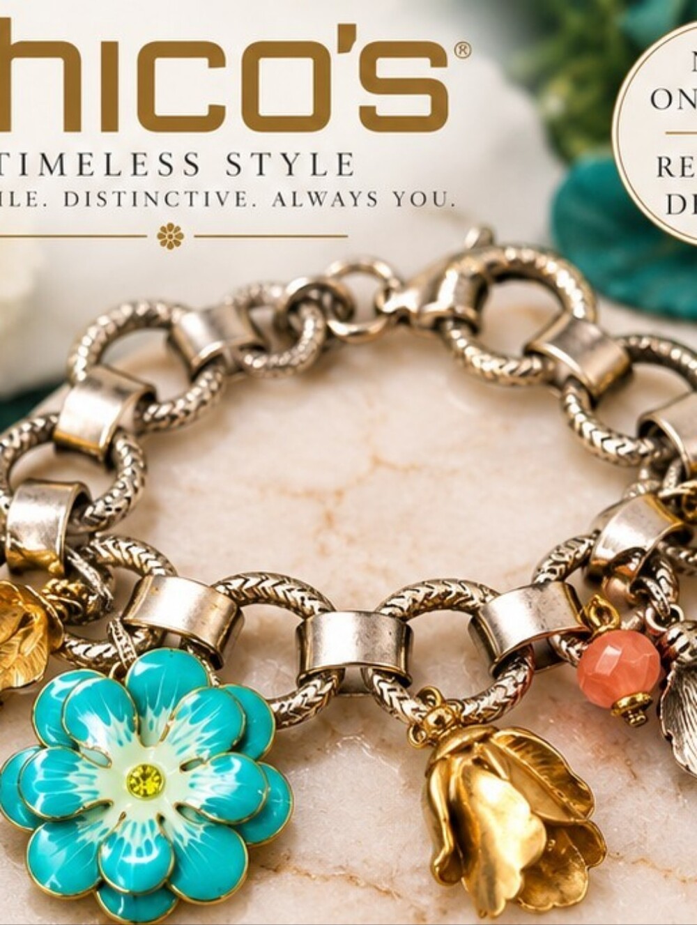 Chico’s Retired Mixed Metal Floral Charm Bracelet Turquoise NWT